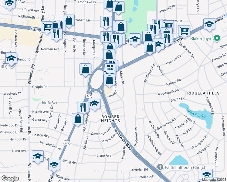 map of restaurants, bars, coffee shops, grocery stores, and more near 3813 Southwest Boulevard in Fort Worth