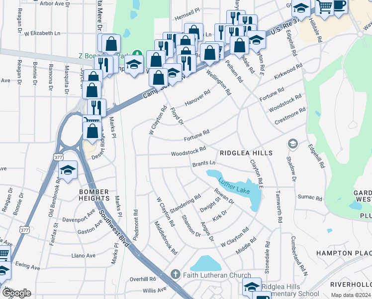 map of restaurants, bars, coffee shops, grocery stores, and more near 6824 Woodstock Road in Fort Worth