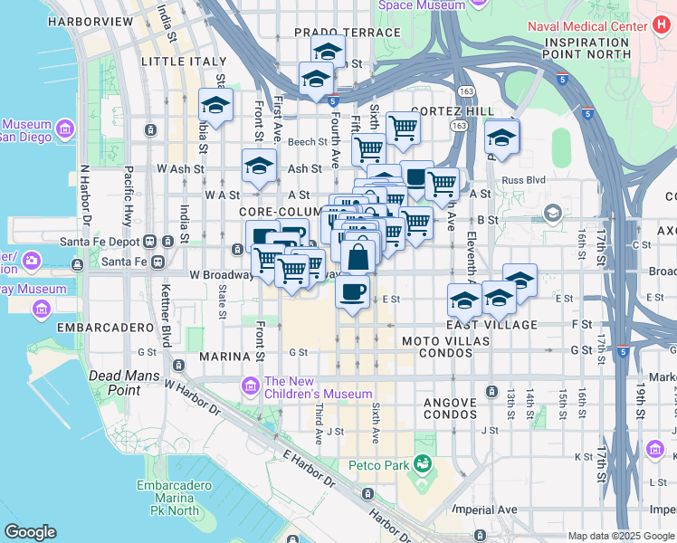 map of restaurants, bars, coffee shops, grocery stores, and more near 402 Broadway in San Diego