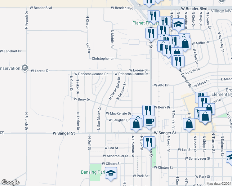 map of restaurants, bars, coffee shops, grocery stores, and more near 1522 North Pennington Drive in Hobbs