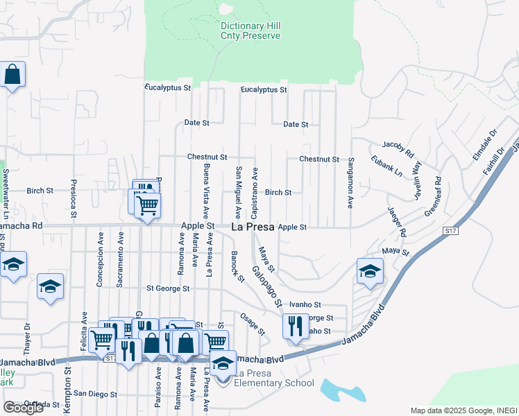 map of restaurants, bars, coffee shops, grocery stores, and more near 1101 Capistrano Avenue in Spring Valley