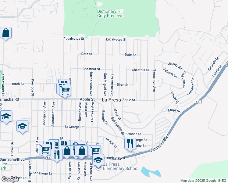 map of restaurants, bars, coffee shops, grocery stores, and more near 1101 Capistrano Avenue in Spring Valley
