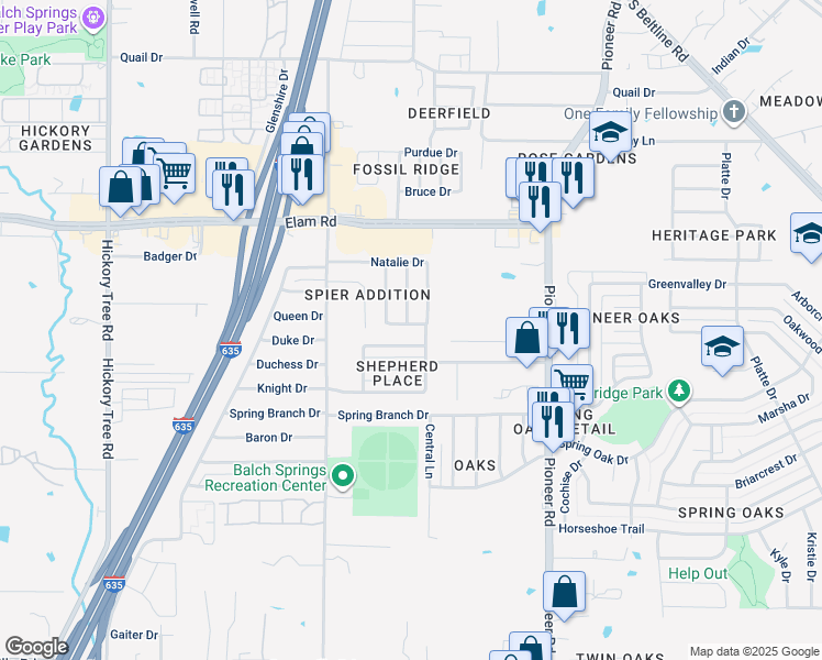 map of restaurants, bars, coffee shops, grocery stores, and more near 12700 Katie Lane in Mesquite