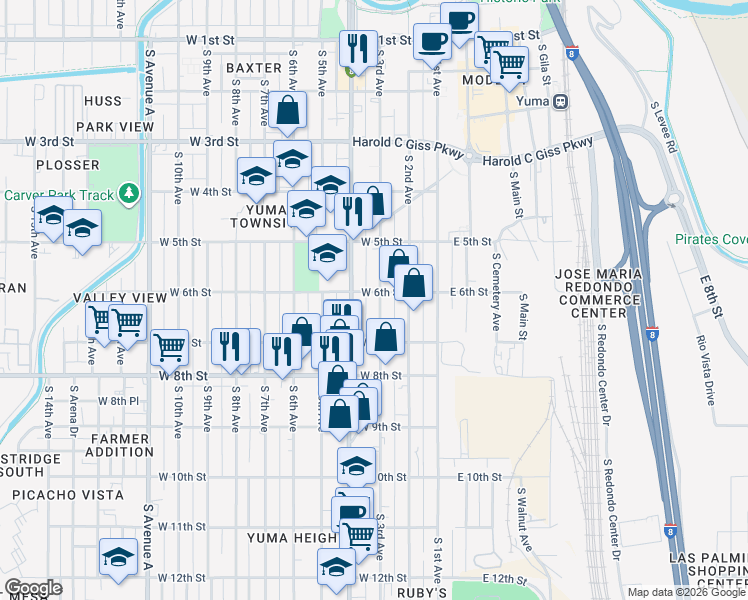 map of restaurants, bars, coffee shops, grocery stores, and more near 577 South 4th Avenue in Yuma