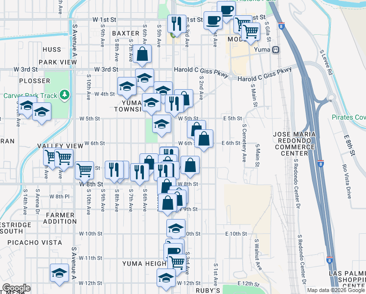 map of restaurants, bars, coffee shops, grocery stores, and more near 577 South 4th Avenue in Yuma