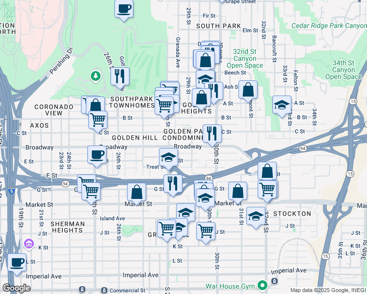 map of restaurants, bars, coffee shops, grocery stores, and more near in San Diego