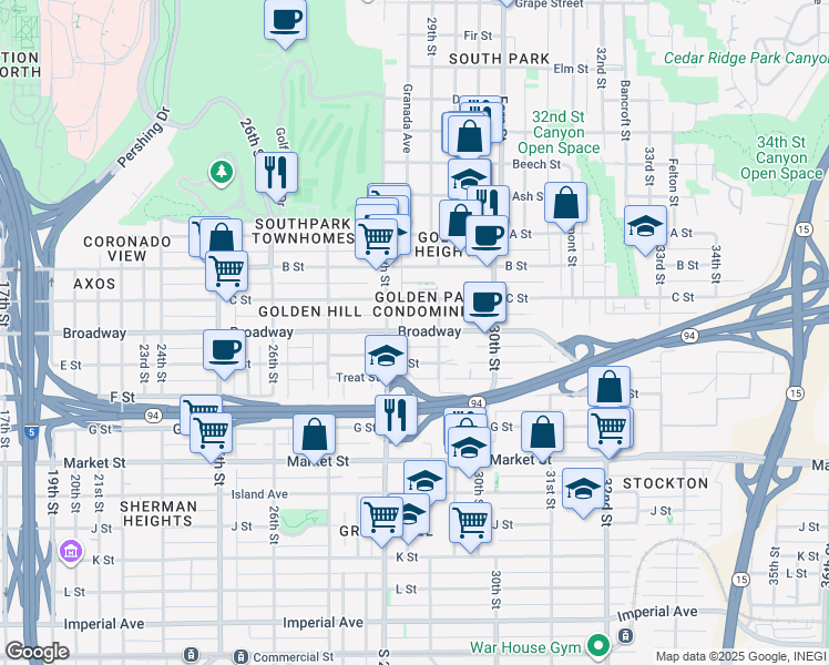 map of restaurants, bars, coffee shops, grocery stores, and more near in San Diego