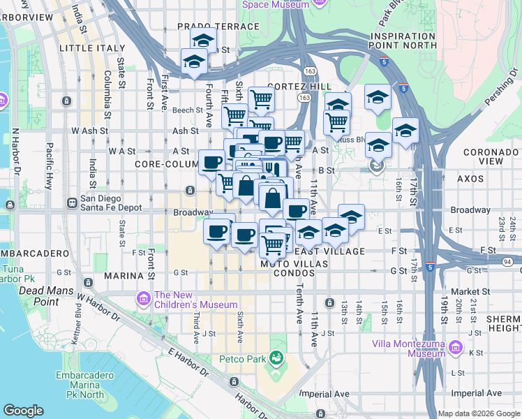 map of restaurants, bars, coffee shops, grocery stores, and more near 1060 Eighth Avenue in San Diego