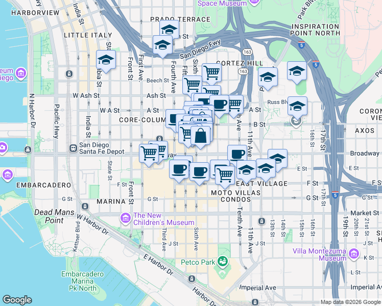 map of restaurants, bars, coffee shops, grocery stores, and more near in San Diego