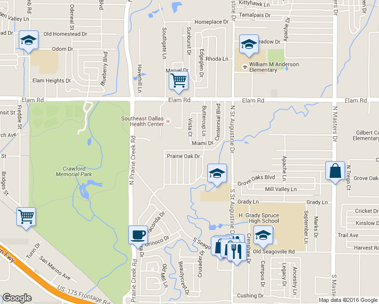 map of restaurants, bars, coffee shops, grocery stores, and more near 301 Buttercup Lane in Dallas