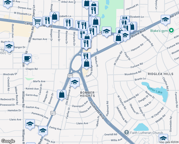 map of restaurants, bars, coffee shops, grocery stores, and more near 3813 Southwest Boulevard in Fort Worth