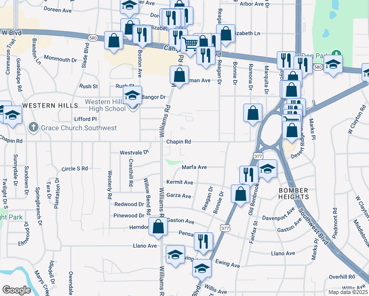 map of restaurants, bars, coffee shops, grocery stores, and more near 7832 Chapin Road in Fort Worth