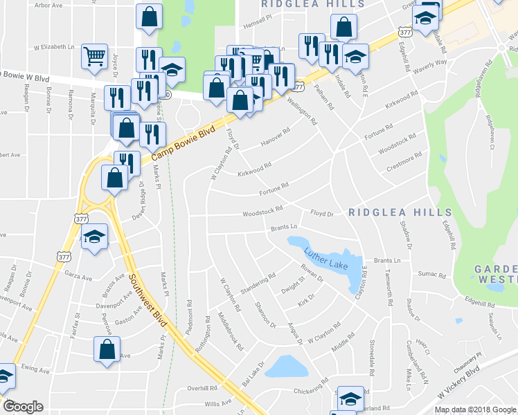 map of restaurants, bars, coffee shops, grocery stores, and more near 6824 Woodstock Road in Fort Worth