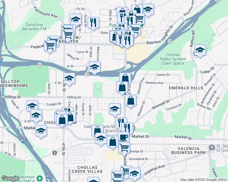 map of restaurants, bars, coffee shops, grocery stores, and more near 940 Cooper Place in San Diego
