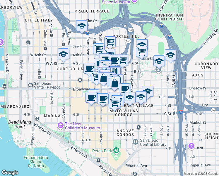 map of restaurants, bars, coffee shops, grocery stores, and more near 1060 Eighth Avenue in San Diego