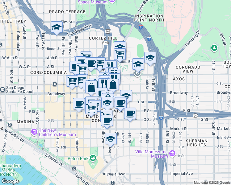 map of restaurants, bars, coffee shops, grocery stores, and more near 1194 Broadway in San Diego