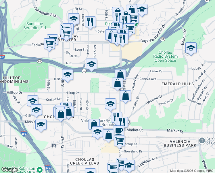 map of restaurants, bars, coffee shops, grocery stores, and more near 940 Cooper Place in San Diego