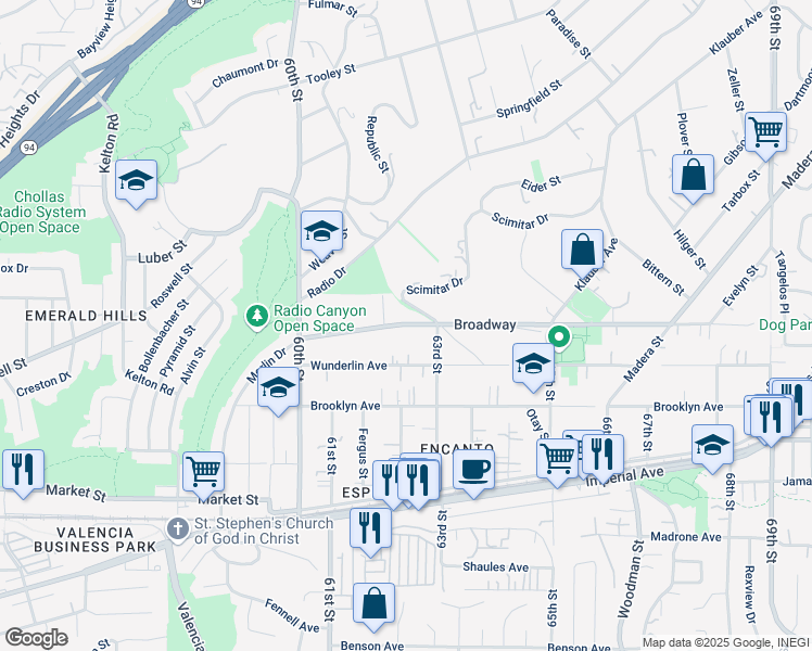 map of restaurants, bars, coffee shops, grocery stores, and more near 6205 Broadway in San Diego