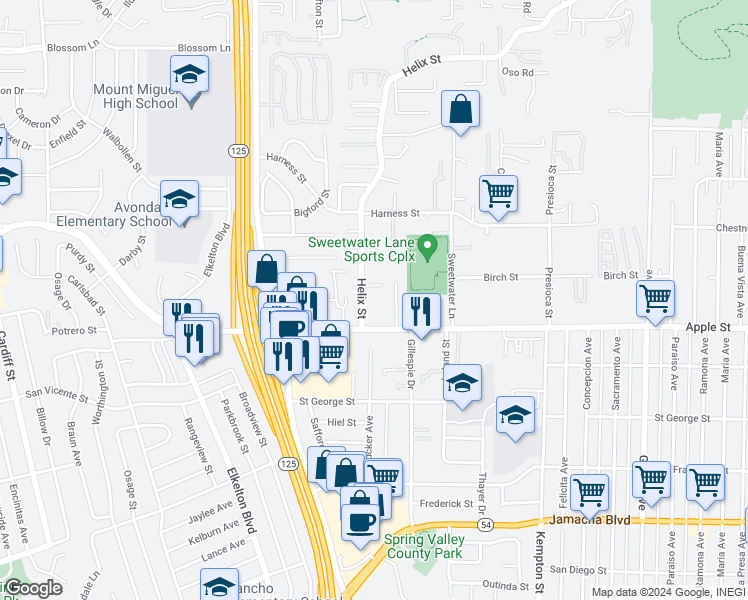 map of restaurants, bars, coffee shops, grocery stores, and more near 1145 Helix Street in Spring Valley