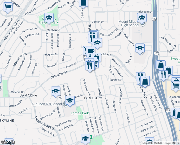 map of restaurants, bars, coffee shops, grocery stores, and more near 950 Cardiff Street in San Diego