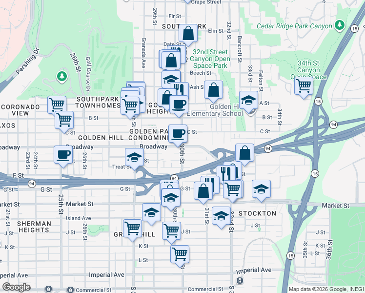 map of restaurants, bars, coffee shops, grocery stores, and more near 30th St & Broadway in San Diego
