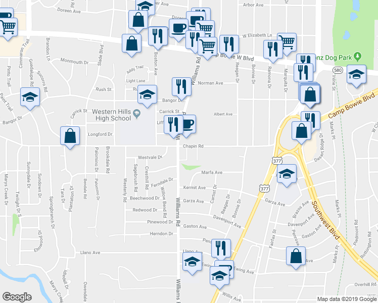 map of restaurants, bars, coffee shops, grocery stores, and more near 3813 Branch Way in Fort Worth