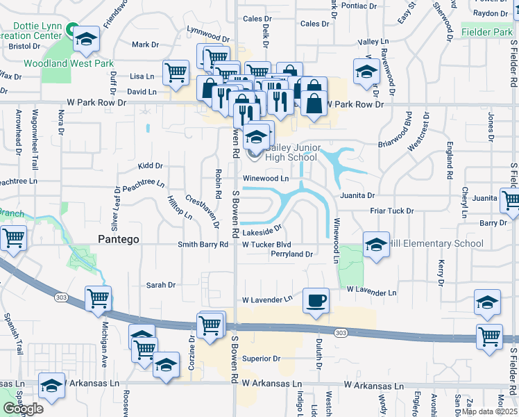 map of restaurants, bars, coffee shops, grocery stores, and more near 2407 Lakeview Circle in Arlington