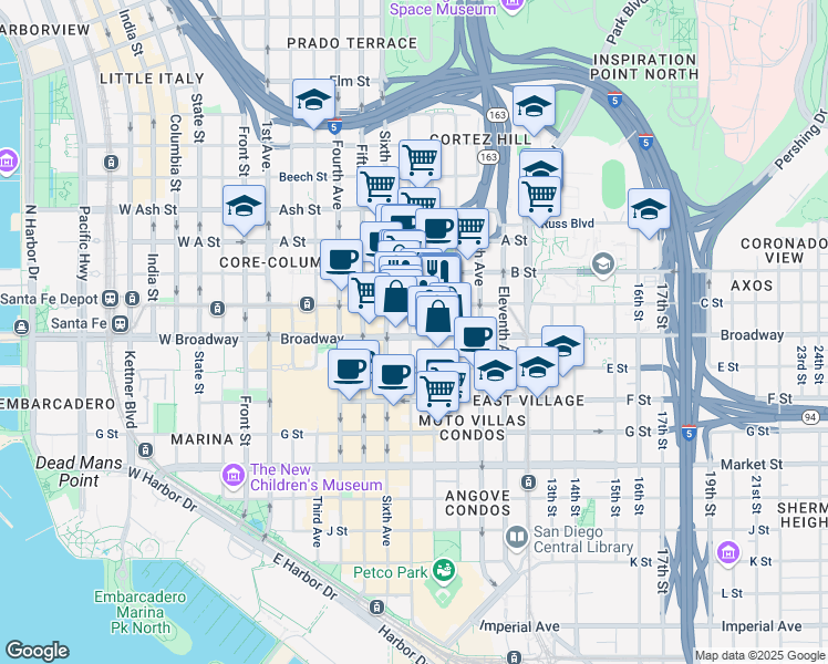 map of restaurants, bars, coffee shops, grocery stores, and more near 702 Broadway in San Diego