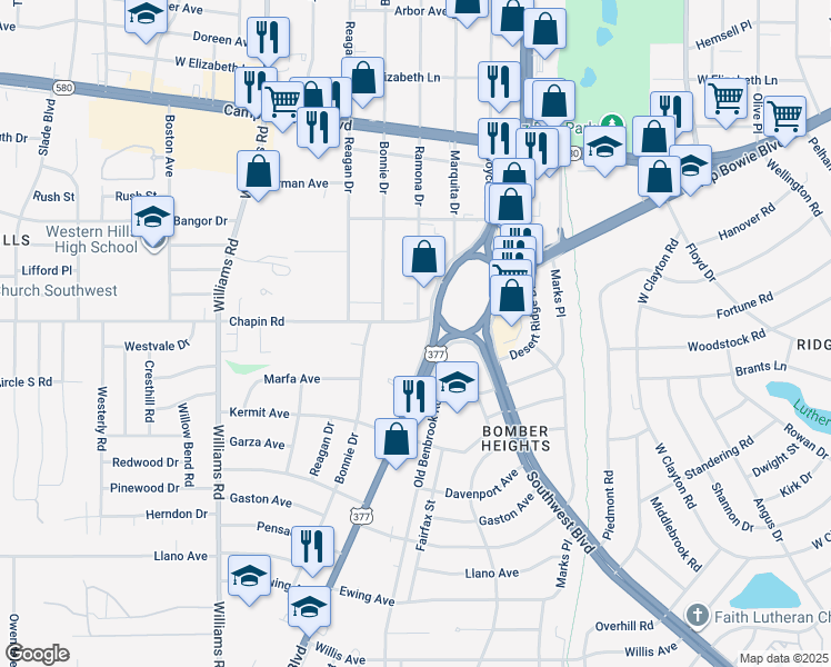 map of restaurants, bars, coffee shops, grocery stores, and more near 3816 Benbrook Highway in Fort Worth
