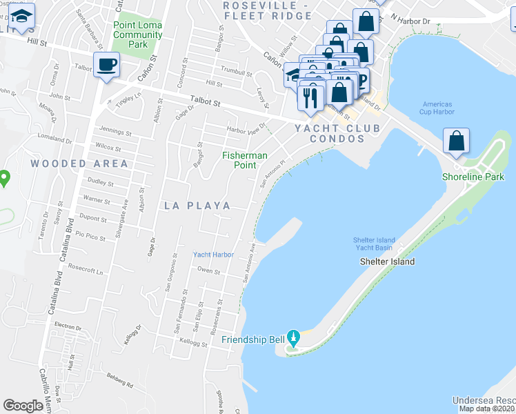 map of restaurants, bars, coffee shops, grocery stores, and more near 755 Rosecrans Street in San Diego