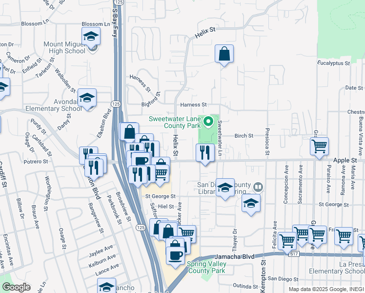 map of restaurants, bars, coffee shops, grocery stores, and more near 1223 Helix Street in Spring Valley