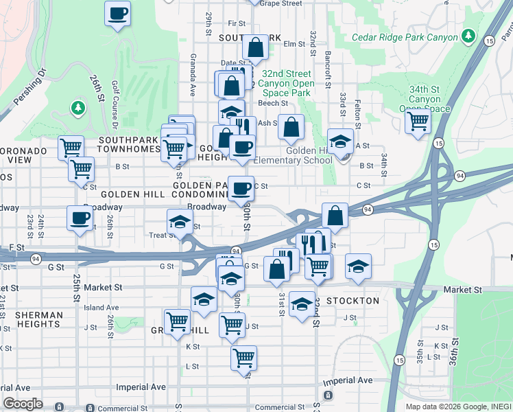 map of restaurants, bars, coffee shops, grocery stores, and more near in San Diego