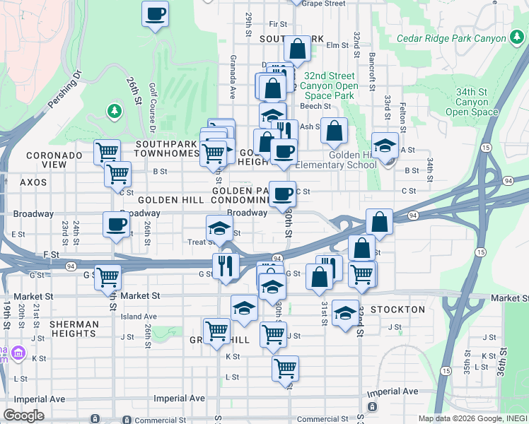 map of restaurants, bars, coffee shops, grocery stores, and more near 2957 C Street in San Diego