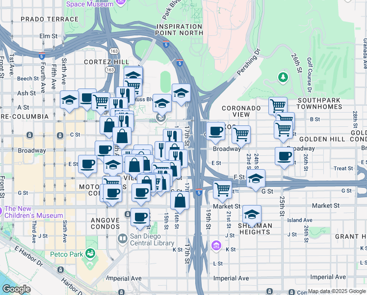 map of restaurants, bars, coffee shops, grocery stores, and more near in San Diego
