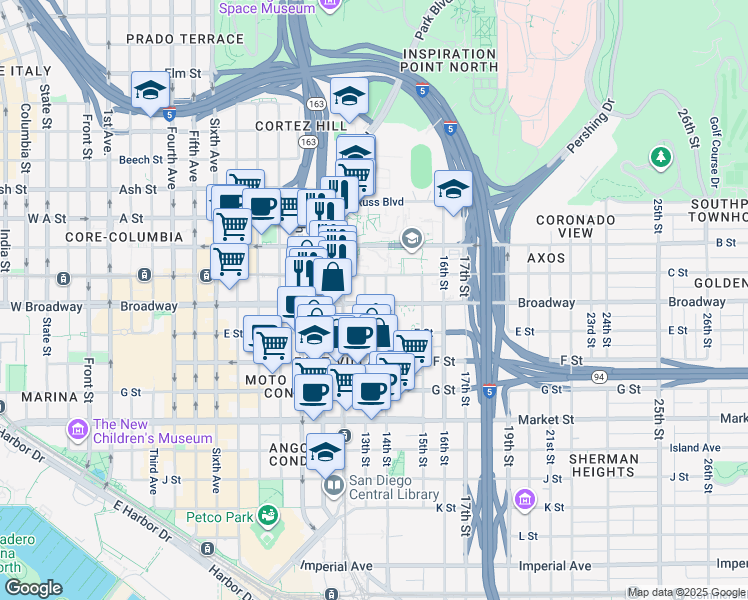 map of restaurants, bars, coffee shops, grocery stores, and more near in San Diego