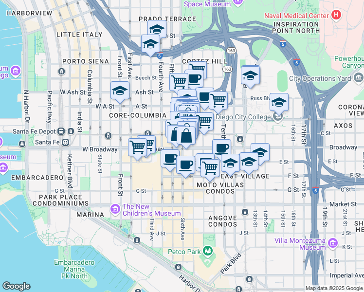 map of restaurants, bars, coffee shops, grocery stores, and more near in San Diego