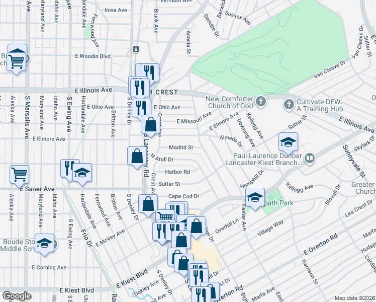 map of restaurants, bars, coffee shops, grocery stores, and more near 1551 Madrid Street in Dallas