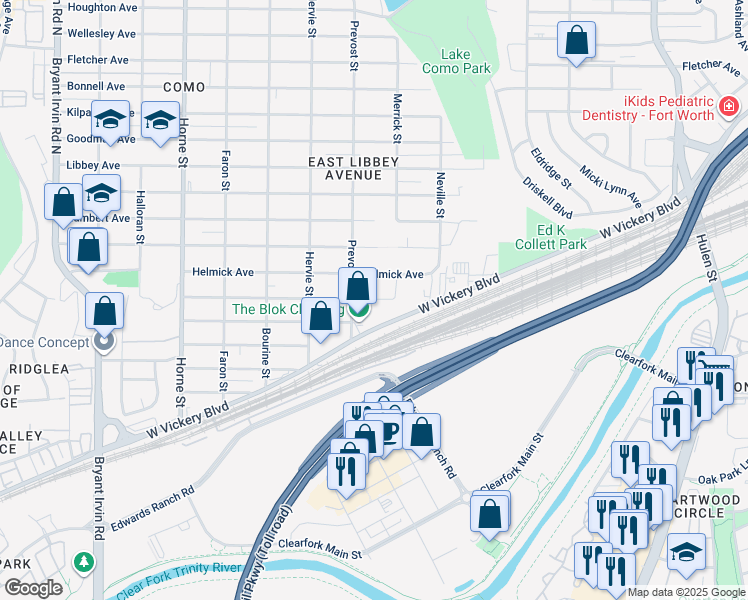 map of restaurants, bars, coffee shops, grocery stores, and more near 5209 Helmick Avenue in Fort Worth