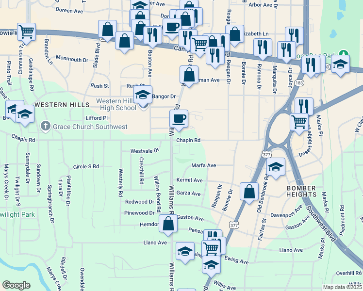 map of restaurants, bars, coffee shops, grocery stores, and more near 7860 Chapin Road in Fort Worth