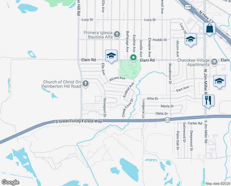 map of restaurants, bars, coffee shops, grocery stores, and more near 6328 Bellbrook Drive in Dallas