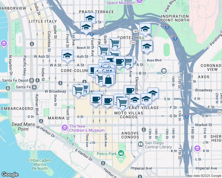 map of restaurants, bars, coffee shops, grocery stores, and more near in San Diego