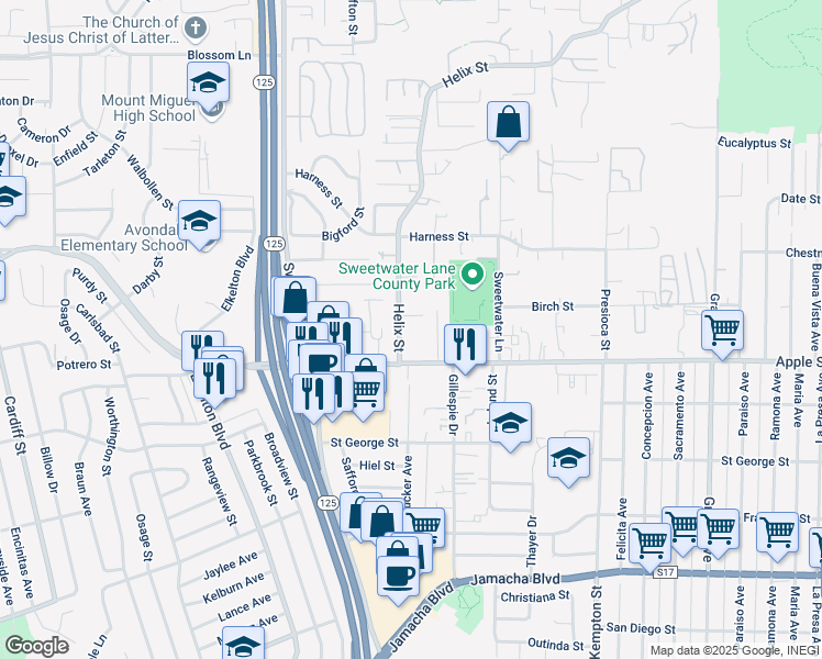 map of restaurants, bars, coffee shops, grocery stores, and more near 1223 Helix Street in Spring Valley