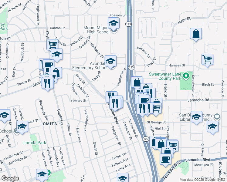 map of restaurants, bars, coffee shops, grocery stores, and more near 8444 Garwood Court in Spring Valley