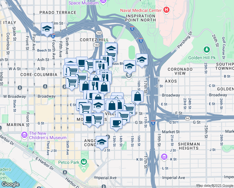 map of restaurants, bars, coffee shops, grocery stores, and more near 1320 Broadway in San Diego