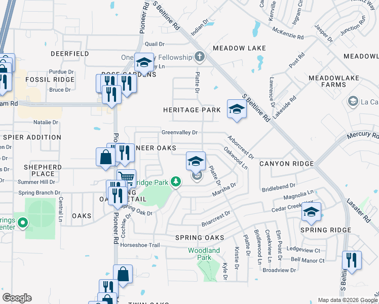 map of restaurants, bars, coffee shops, grocery stores, and more near 15118 Marsha Drive in Balch Springs