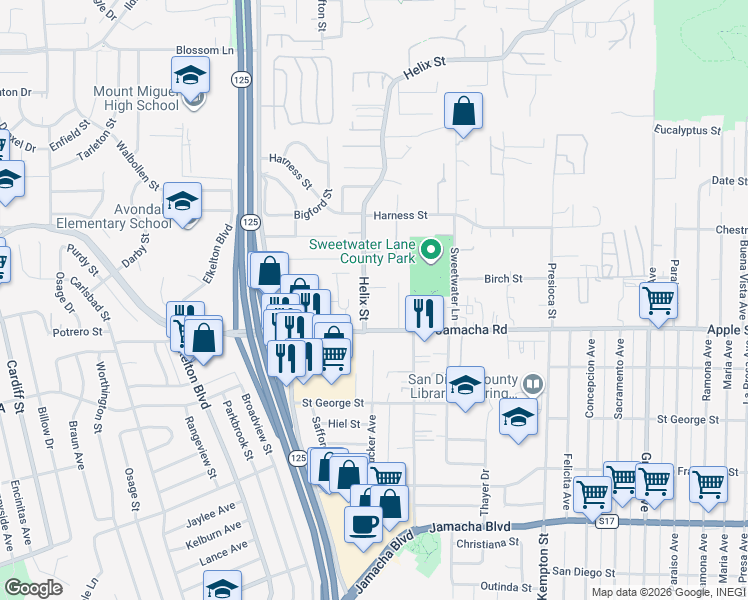map of restaurants, bars, coffee shops, grocery stores, and more near 1223 Helix Street in Spring Valley