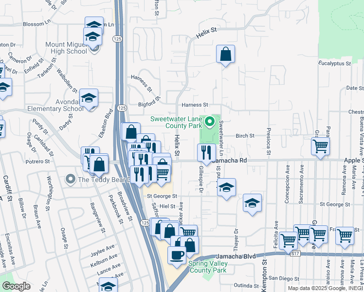 map of restaurants, bars, coffee shops, grocery stores, and more near 1145 Helix Street in Spring Valley