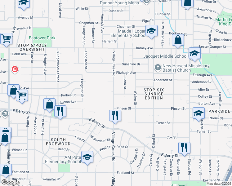 map of restaurants, bars, coffee shops, grocery stores, and more near 2819 Village Creek Road in Fort Worth