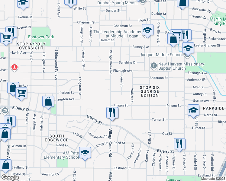 map of restaurants, bars, coffee shops, grocery stores, and more near 2807 Village Creek Road in Fort Worth