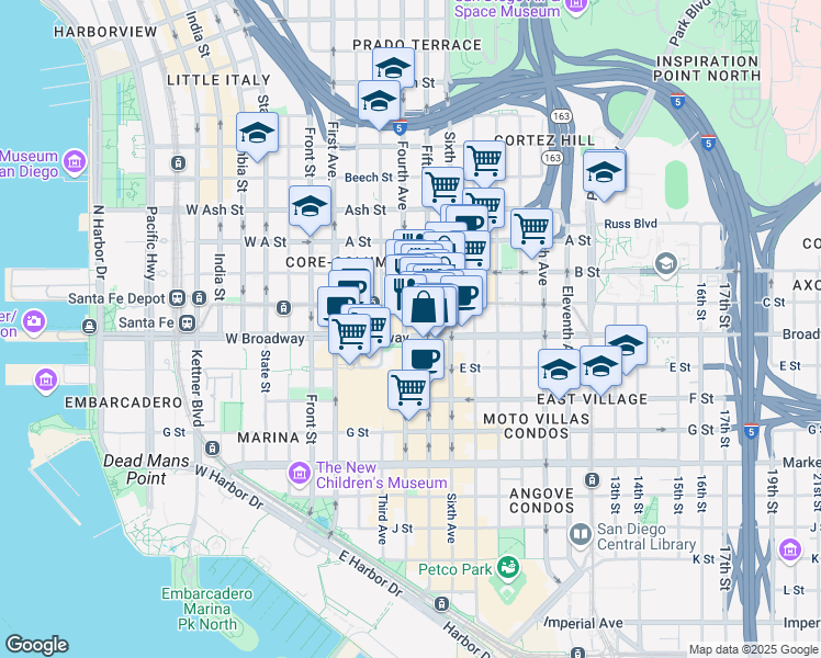 map of restaurants, bars, coffee shops, grocery stores, and more near 427 C Street in San Diego